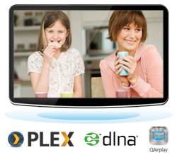 Stream media via DLNA, AirPlay, and Plex